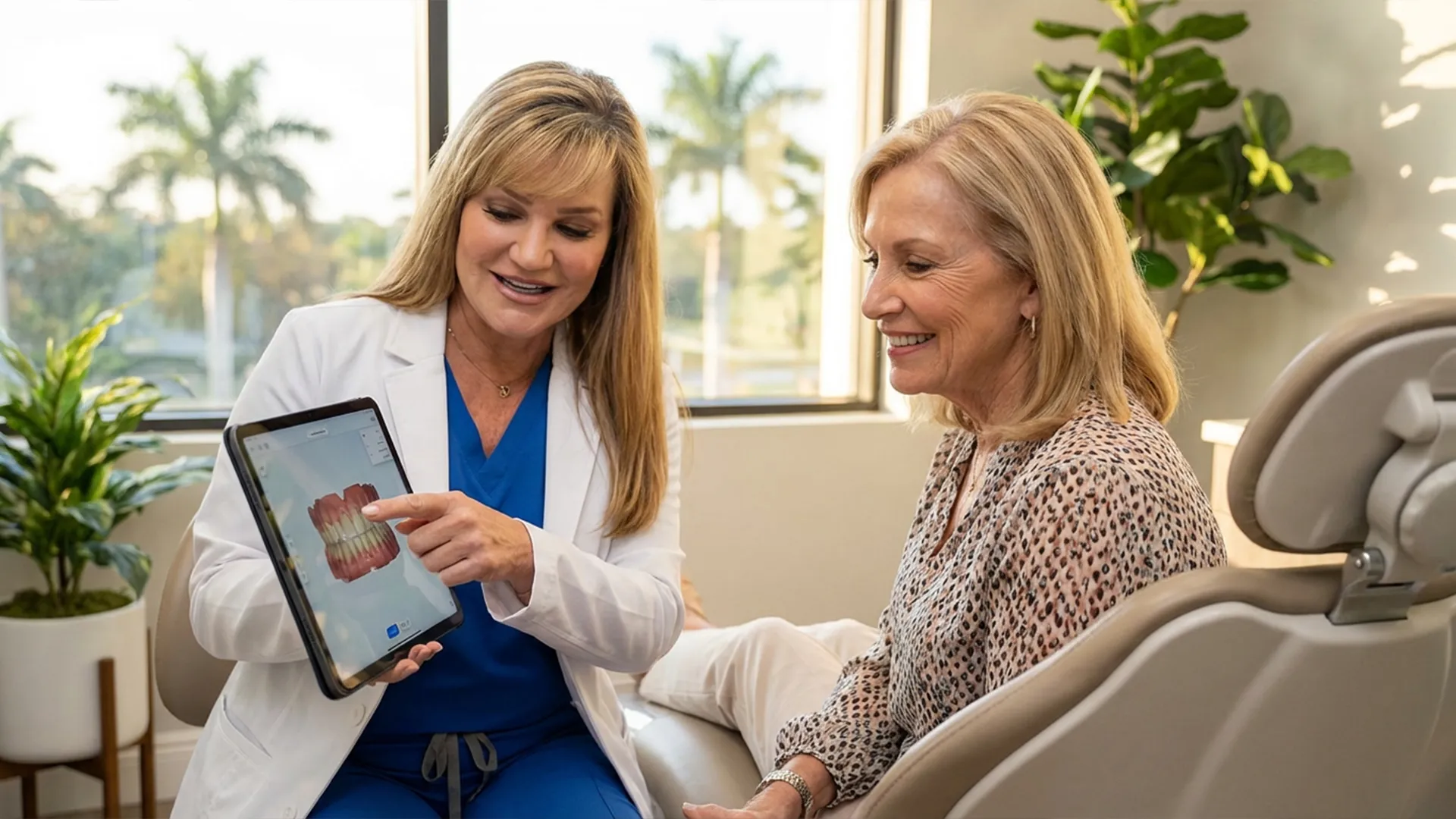 A female dentist in a white coat showing a 3D dental scan on a tablet to a smiling patient.