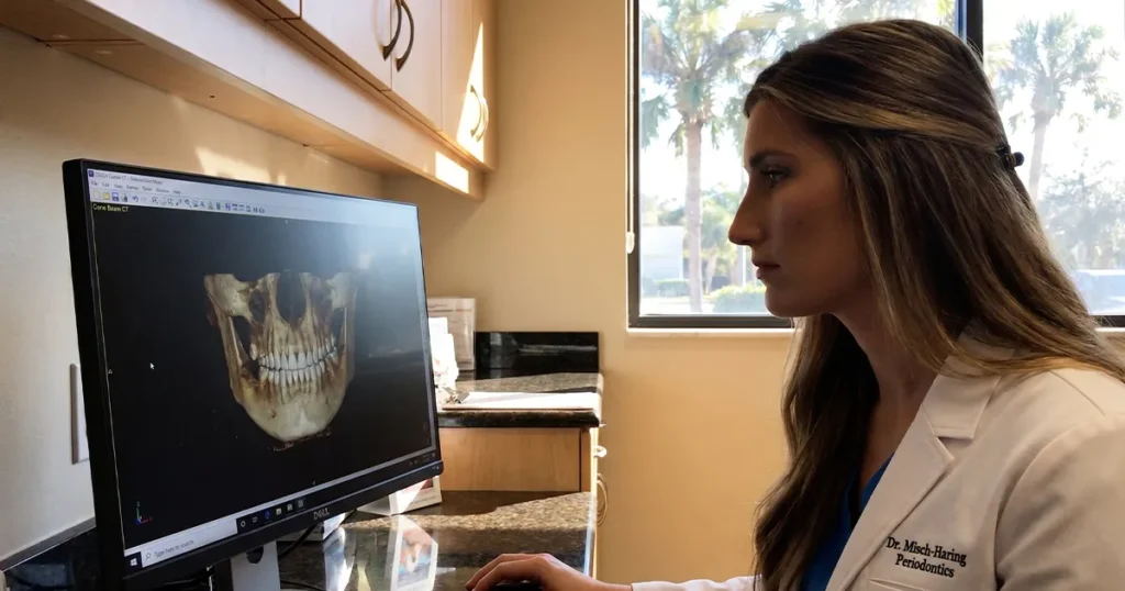 Dr. Maggie Misch-Haring reviewing a cone beam CT scan for dental implant evaluation at her Sarasota practice
